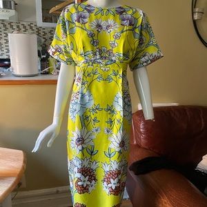 ASOS cocktail length dress, bright yellow/floral